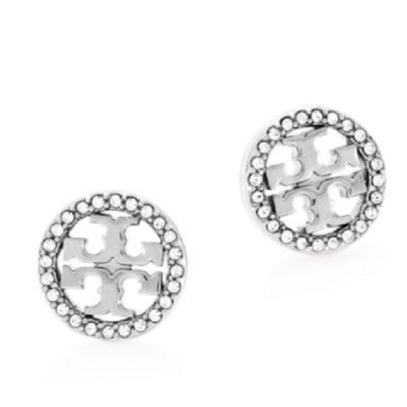 Tory Burch Silver Stud Crystal Circle Logo Earrings - Picture 4 of 6